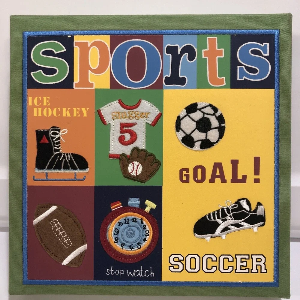 Sports‎ Textured Fabric Wall Hanging Square Hockey Baseball Football Soccer 9x9