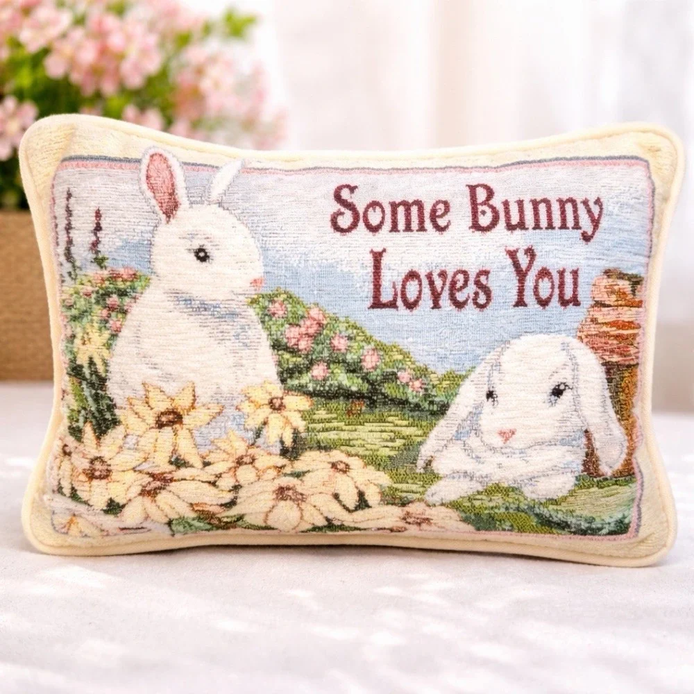 Some Bunny Loves You Bunny Rabbit Tapestry Decorative‎ Pillow Spring Easter 12x8
