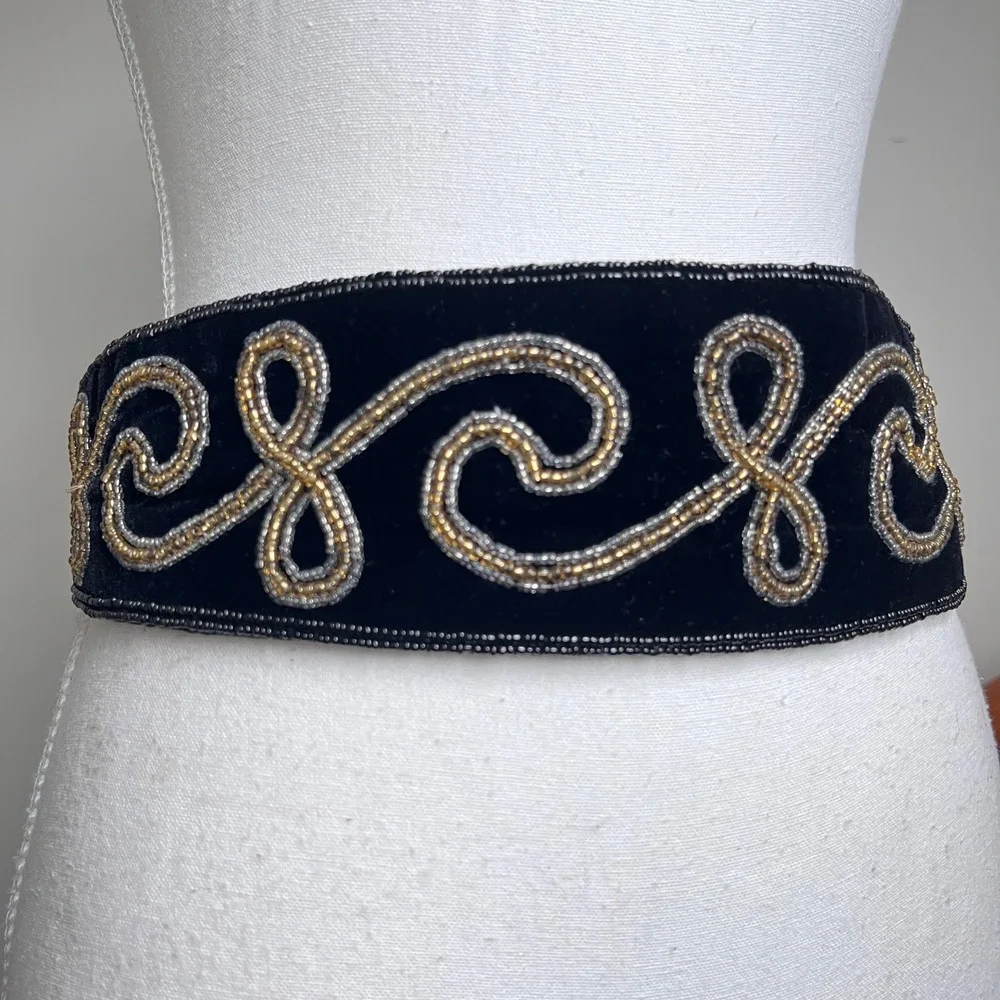 Vintage 90s Beaded Velvet Waist Belt Black Metallic Ornate Statement Chunky Wide
