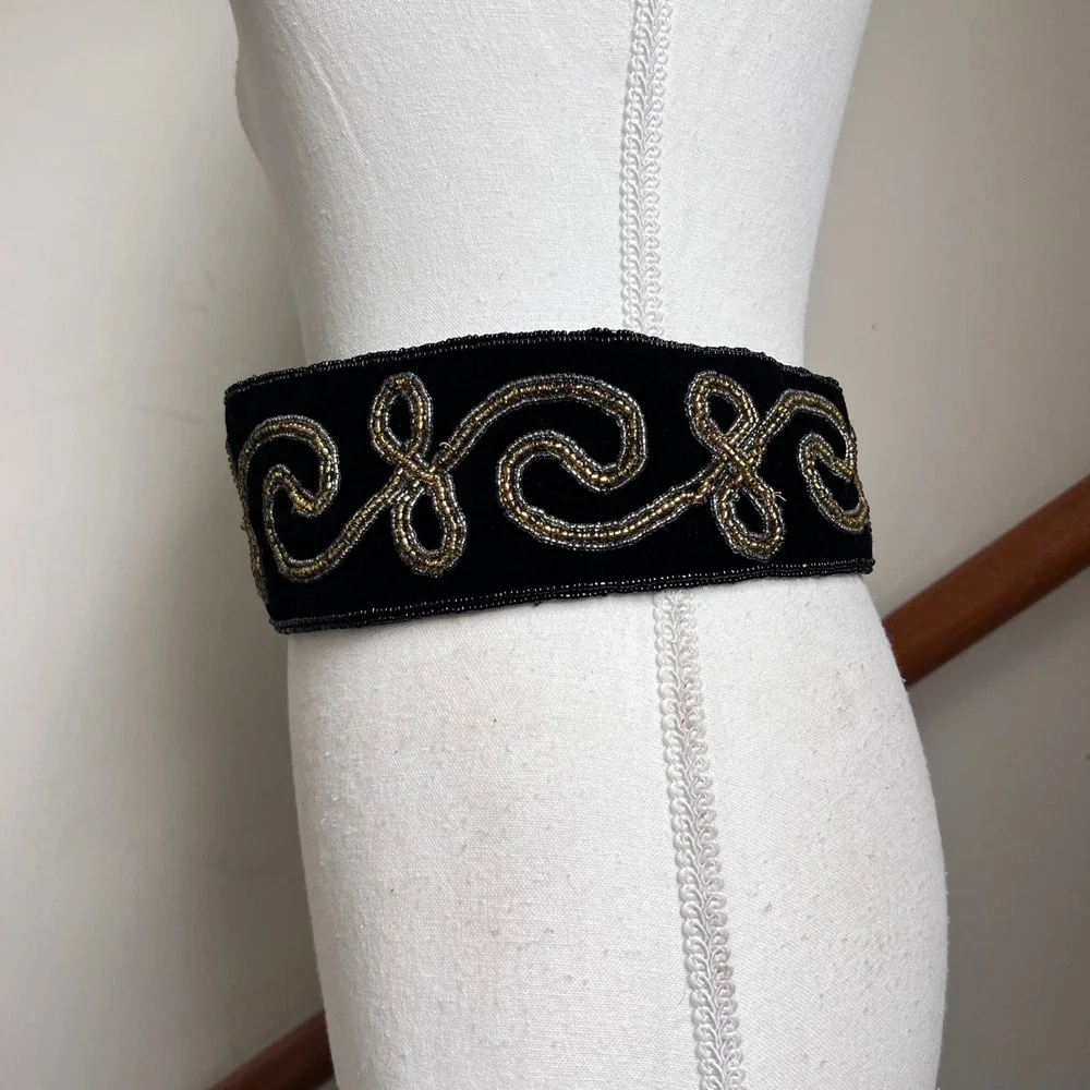 Vintage 90s Beaded Velvet Waist Belt Black Metallic Ornate Statement Chunky Wide
