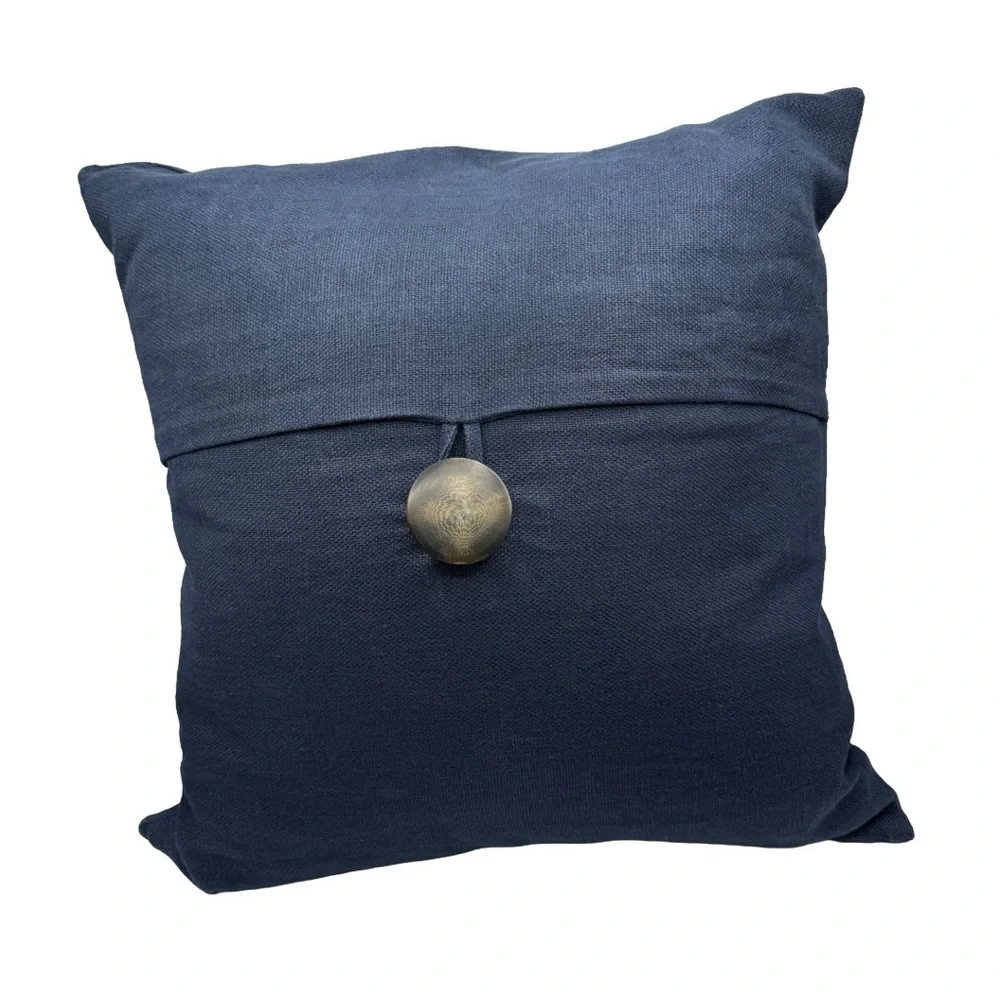 Pottery Barn Coral Reef Blue Textured Linen Large Button Pillow 18”