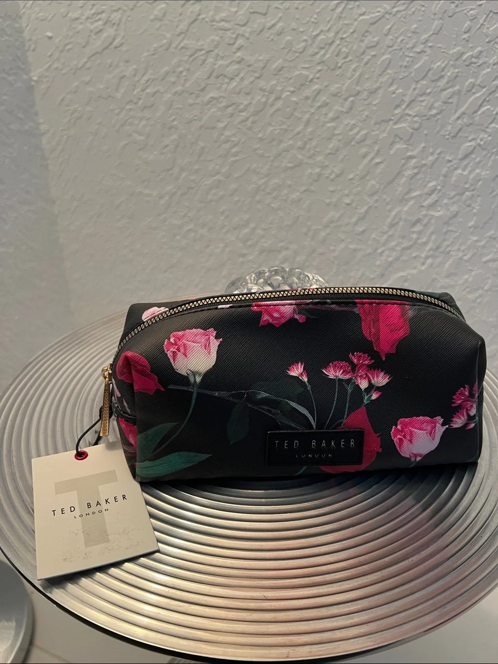 Ted Baker NWT Black Floral Makeup Bag with Pink Roses