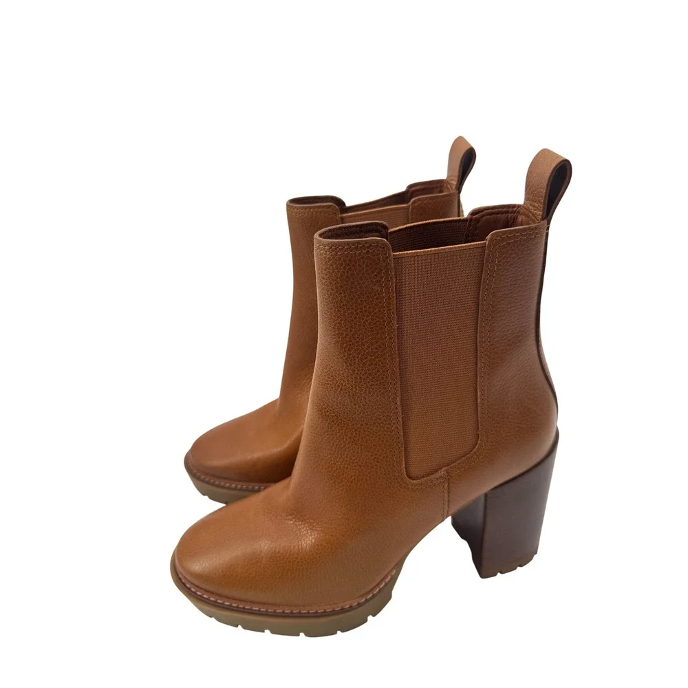 Tory Burch Booties Size 9M Brown Carson Leather Lug-Sole Chelsea Block Heel
