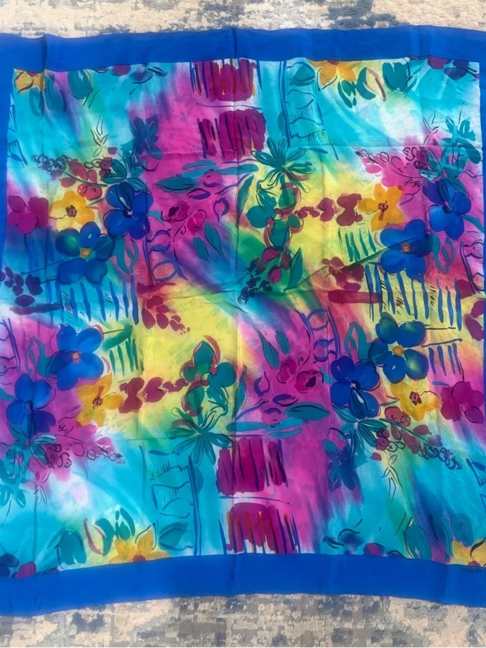 Vintage 100% Silk Vibrant Floral Multicolor Silk Scarf