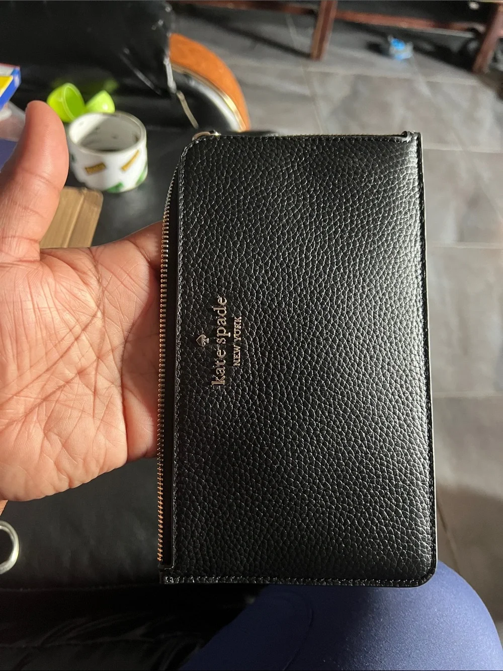 kate spade Black Pebbled Leather Zip Wallet with Gold Logo wristlet