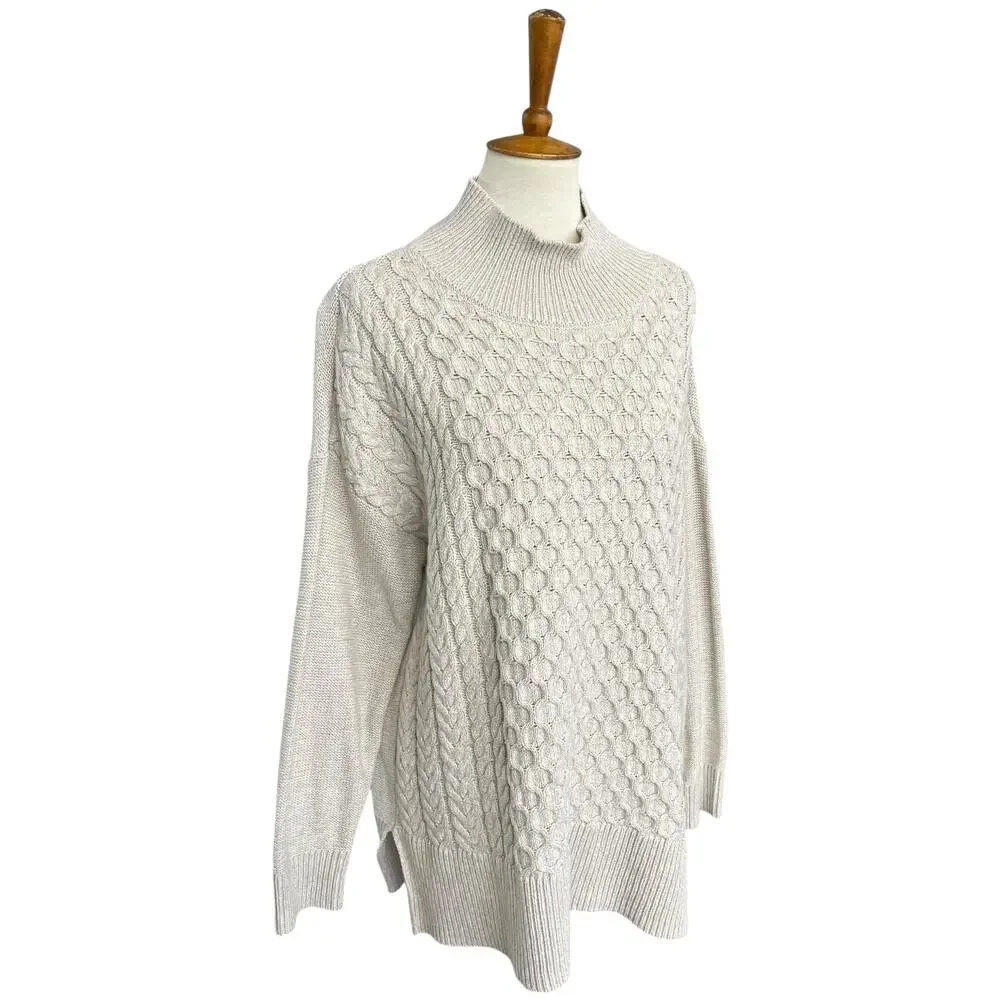 NWT Crown & Ivy Knit Fisherman Coastal Oatmeal Mock Neck Sweater Size Medium