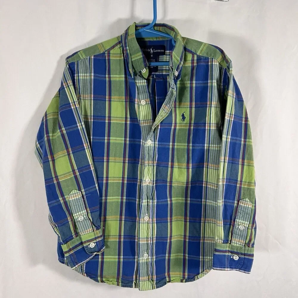 Ralph Lauren Dress Shirt Boys 6 Green Blue Plaid Button Up Long Sleeve Cotton