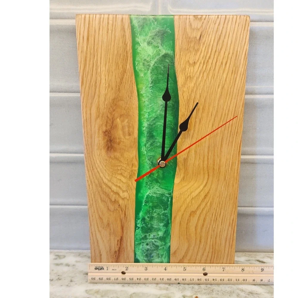Wood and Green Epoxy Resin Wall Clock or Shelf Clock, Modern Home Decor