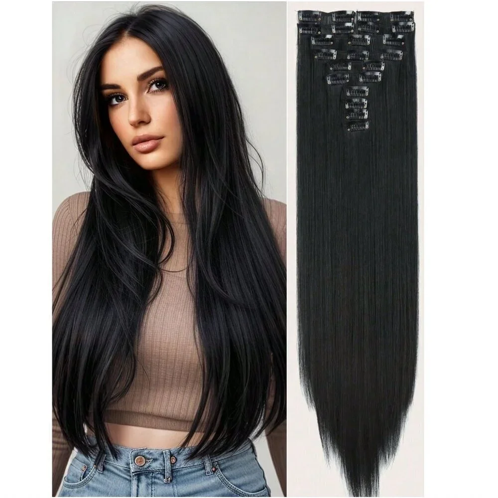 Straight hair Long Clip ins Black Hair Extensiones 24 In
