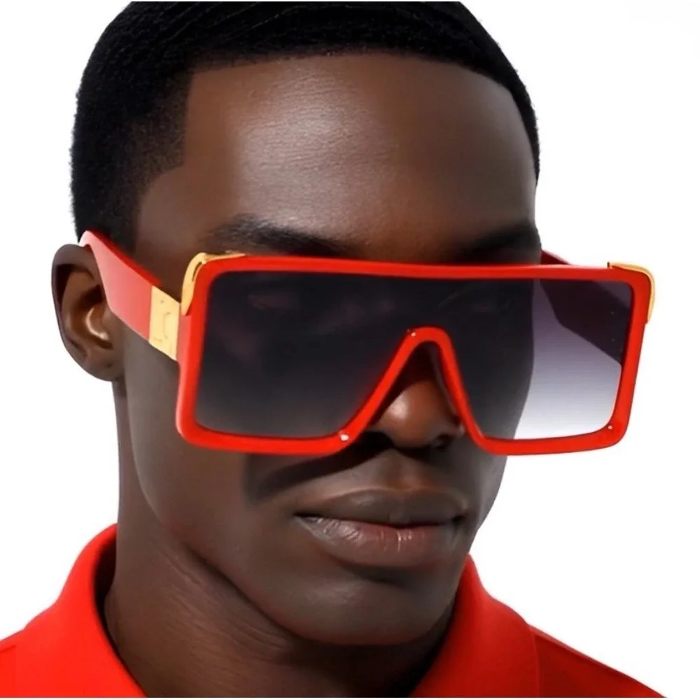 Mens Oversized Square‎ Shield Sunglasses Red Gold Flat Top Gradient Lens Luxury