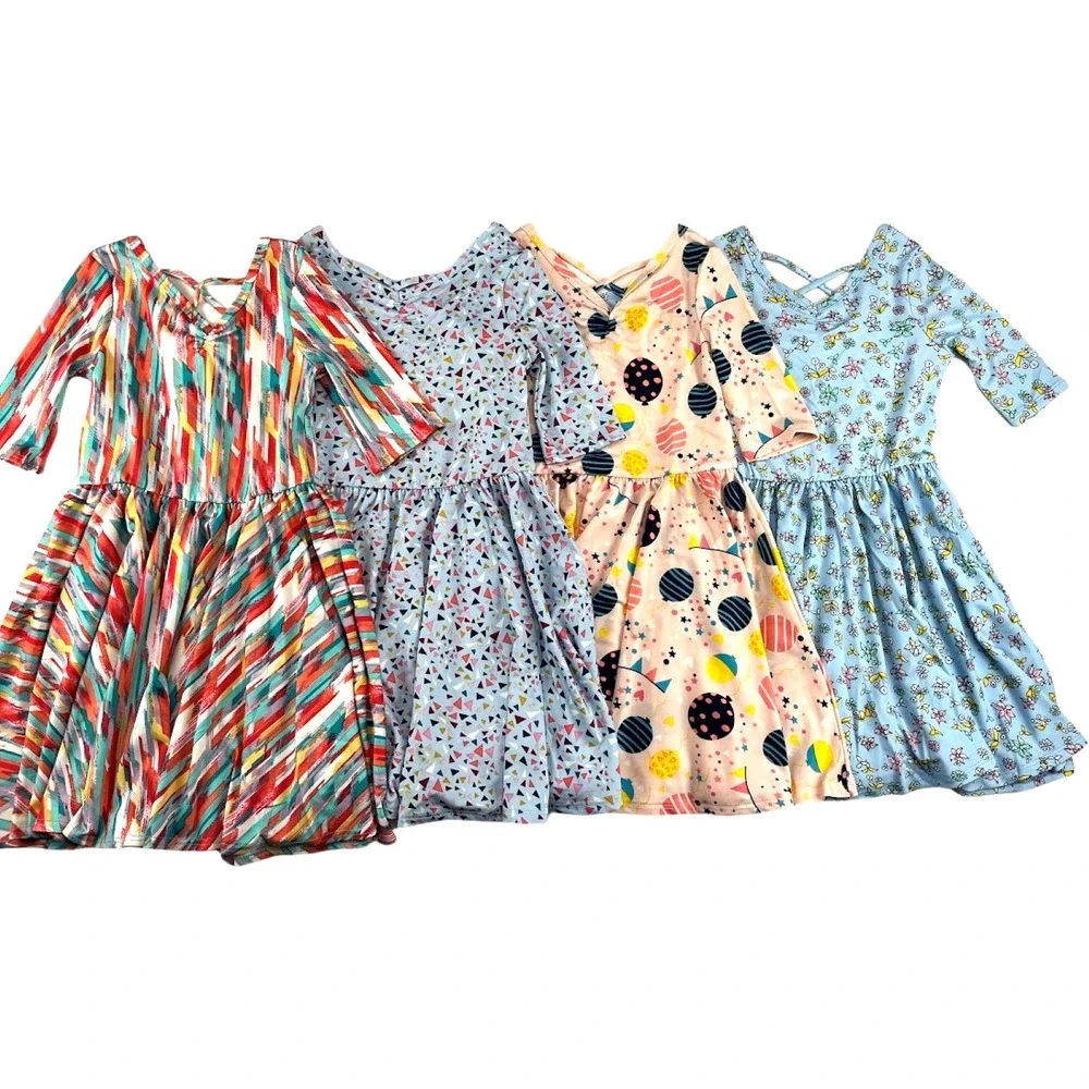 4pc Dot Smile Girls 3 4 Balloons Blue Floral Triangle Ballerina‎ Twirl Dress Lot