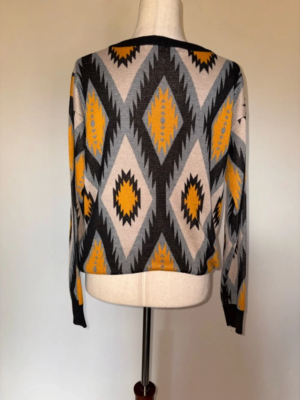 Flying Tomato Aztec Diamond Crewneck Sweater in Mustard, Gray & Black Size L