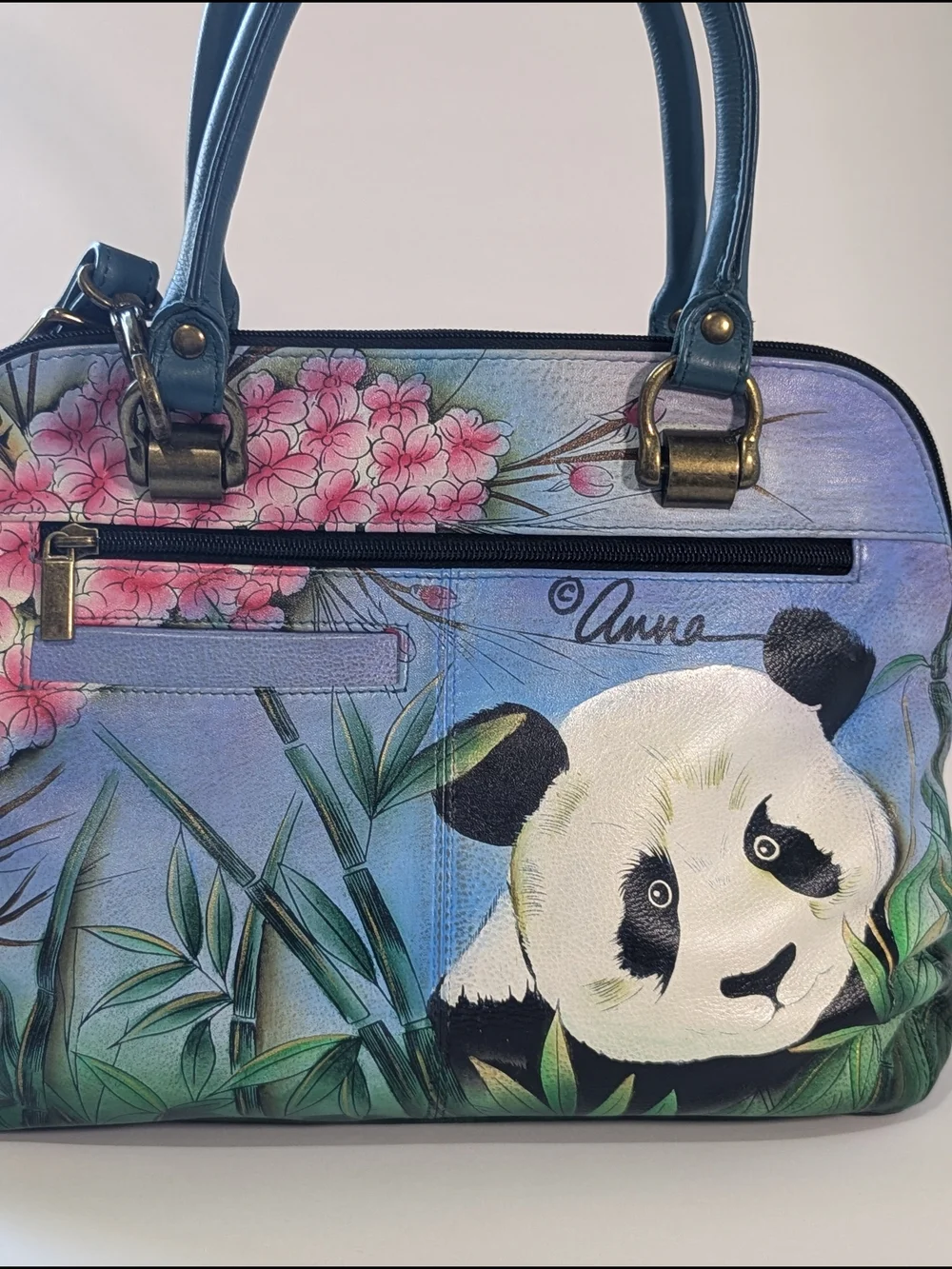 Anuschka Hand Painted Leather Satchel Panda Floral Crossbody Shoulder Bag Art
