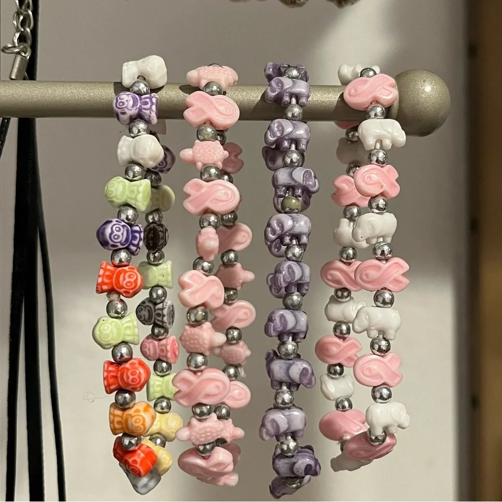 Trrtlz Collectible Beaded Stretch Bracelets -Monkey Elephant Turtle Pink Ribbons