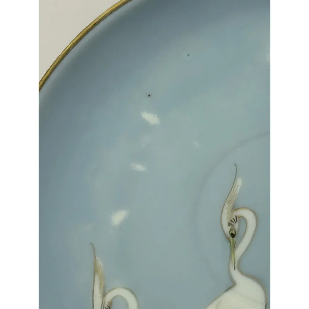 Mitsu-Boshi Japan Porcelain Saucer Blue White Egrets Herons‎ Gold Trim Set of 4