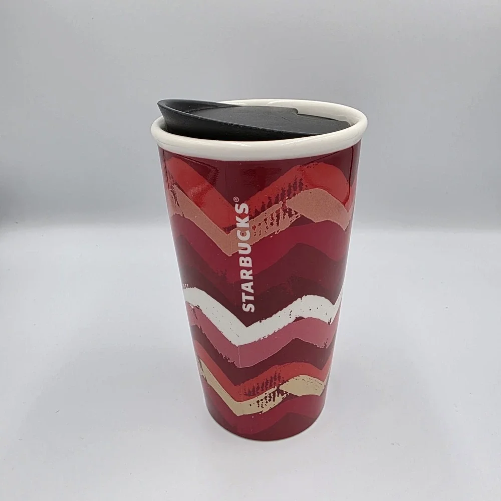 Starbucks Coffee Tumbler Mug Cup 2014  Red White Gold Stripes Ceramic Siren 10oz