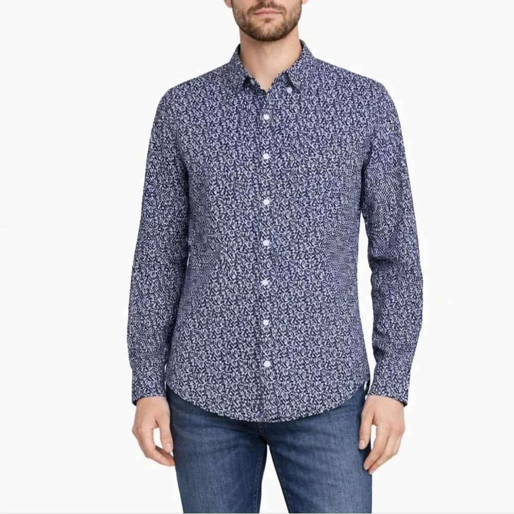 J. Crew Navy Blue Floral Slim Button Up Top Size L Flex Washed Preppy Cotton