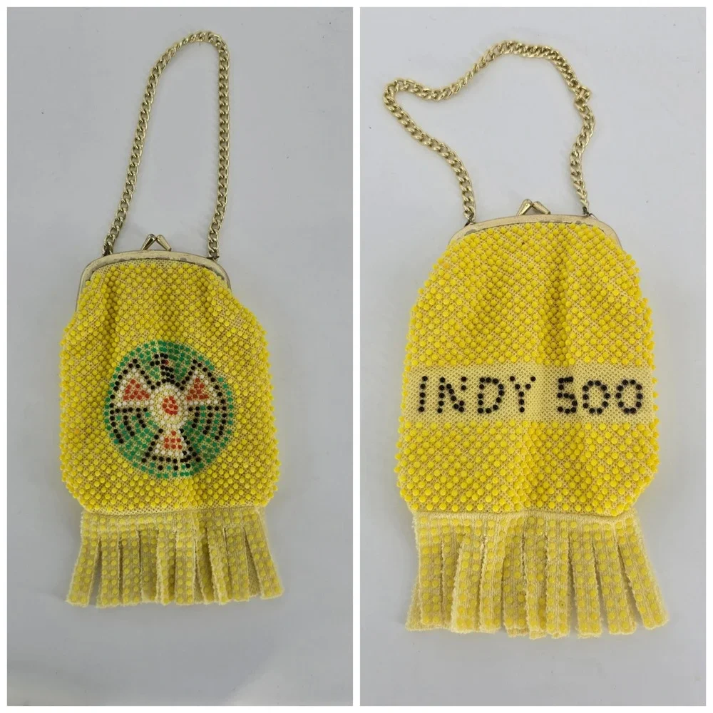 Vintage Thunderbird Indy 500 Beaded Souvenir Purse Yellow Fringe Kiss Lock