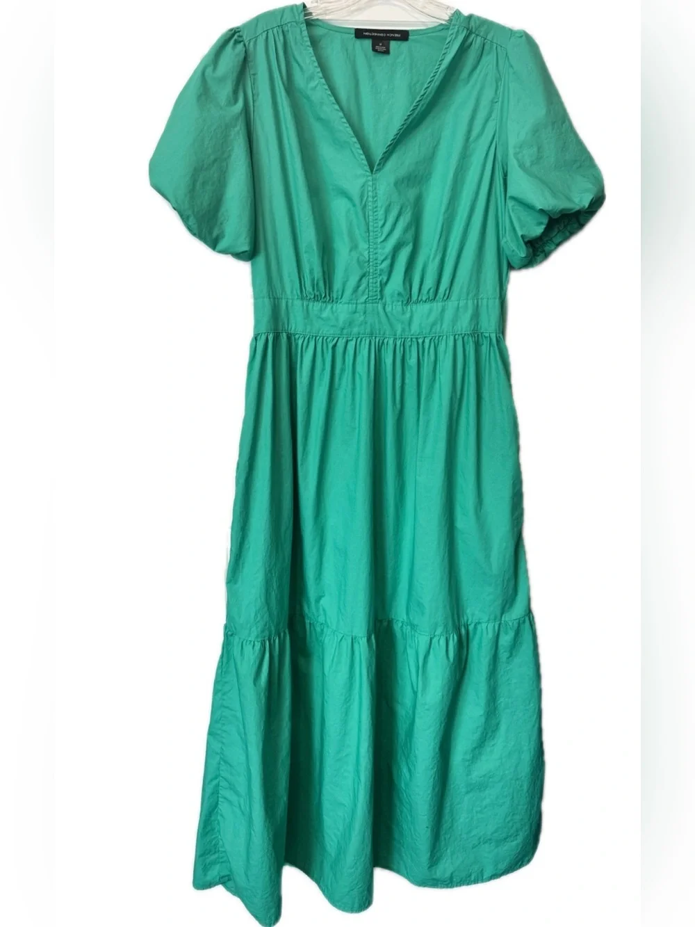 French Connection Green Cotton Puff Sleeve Tiered Midi Dress Size M