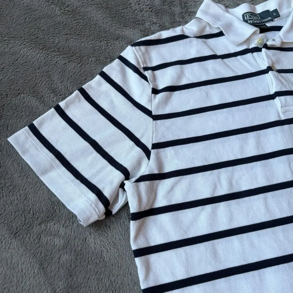 Polo Ralph Lauren Mens White w/Black Stripe Short Sleeve Pocket Size L Preppy