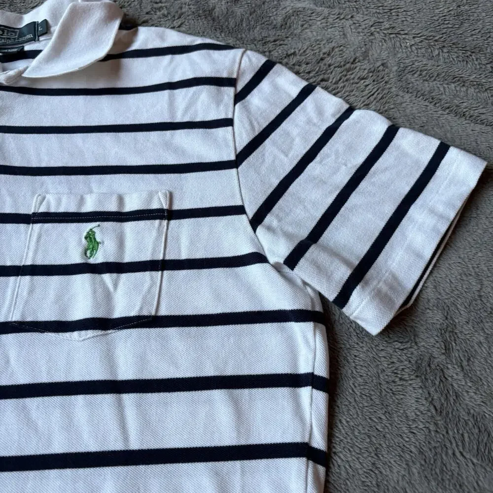 Polo Ralph Lauren Mens White w/Black Stripe Short Sleeve Pocket Size L Preppy