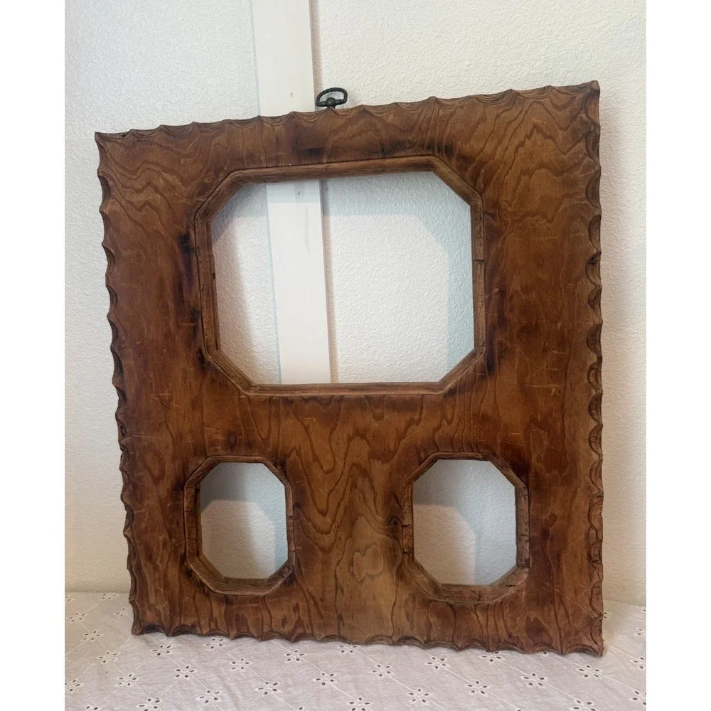 Vtg Tramp Art Style Triple Opening Wooden Picture Frame Carved Folk 19.5