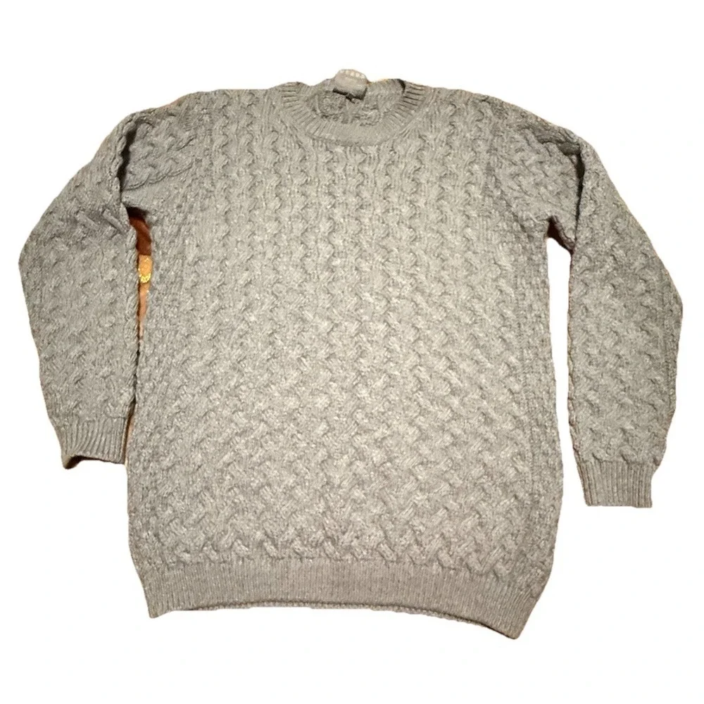 Aran Crafts Sweater Mens Large Grey‎ Super Soft Merino Wool Cable Knit Pullover