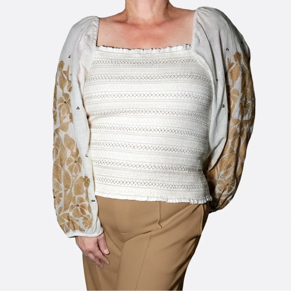 Anthropologie Boho Luxe Smocked Blouse Tan Embroidery Plus Size 1X XL‎ Romantic