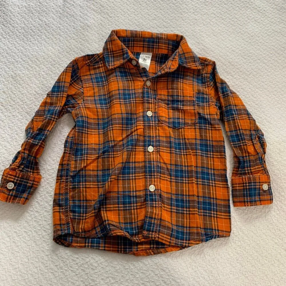 5/$25‎ Carter's 2T Orange Navy Blue Plaid Flannel Button Down Shirt