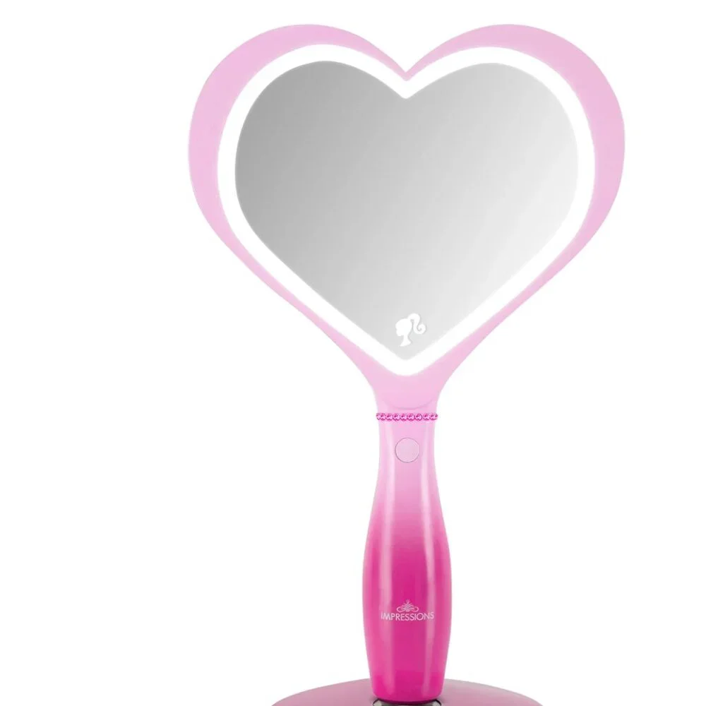 NIB Barbie LED Handheld Makeup Mirror with Standing Base