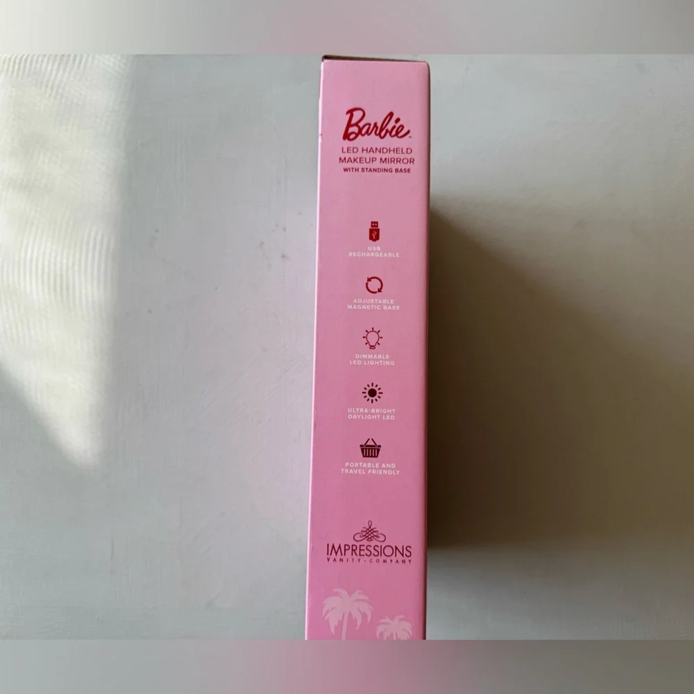 NIB Barbie LED Handheld Makeup Mirror with Standing Base