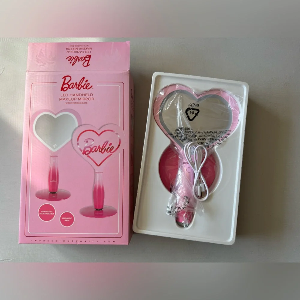NIB Barbie LED Handheld Makeup Mirror with Standing Base