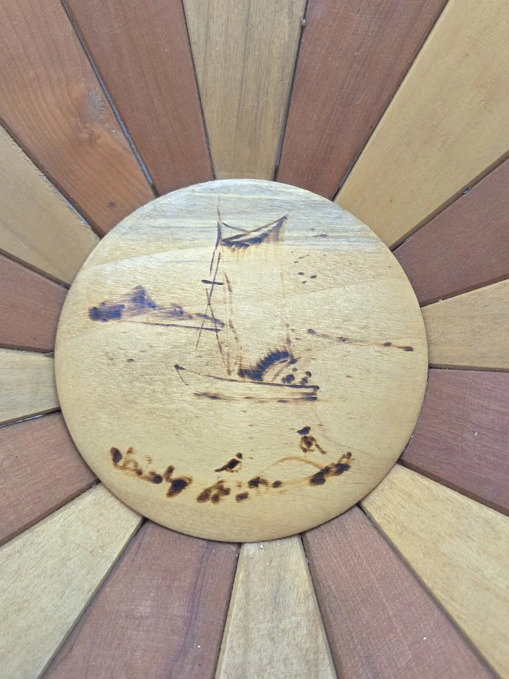 Wooden Fruit Bowl Handmade In Chile Fishing Boat Scene