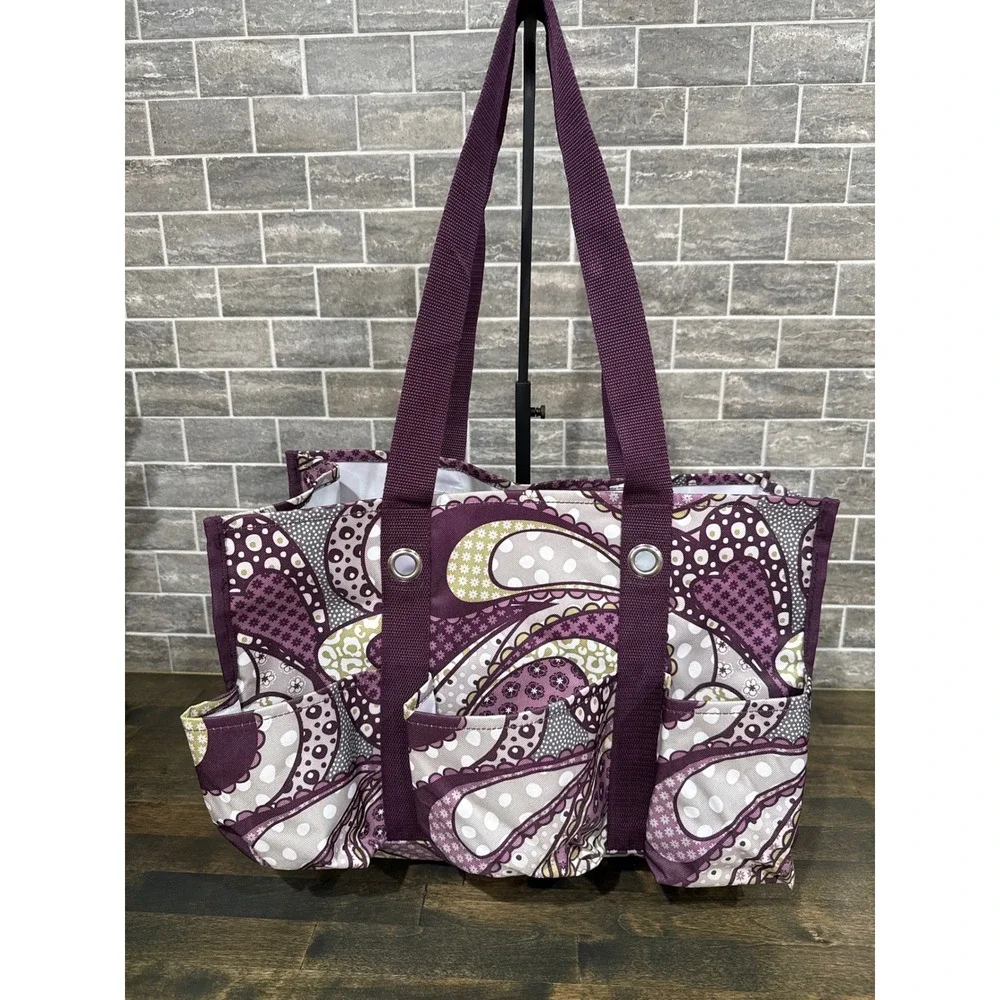 Thirty-One Organizing Utility Tote Purple Paisley Print 7 Pockets Storage Bag