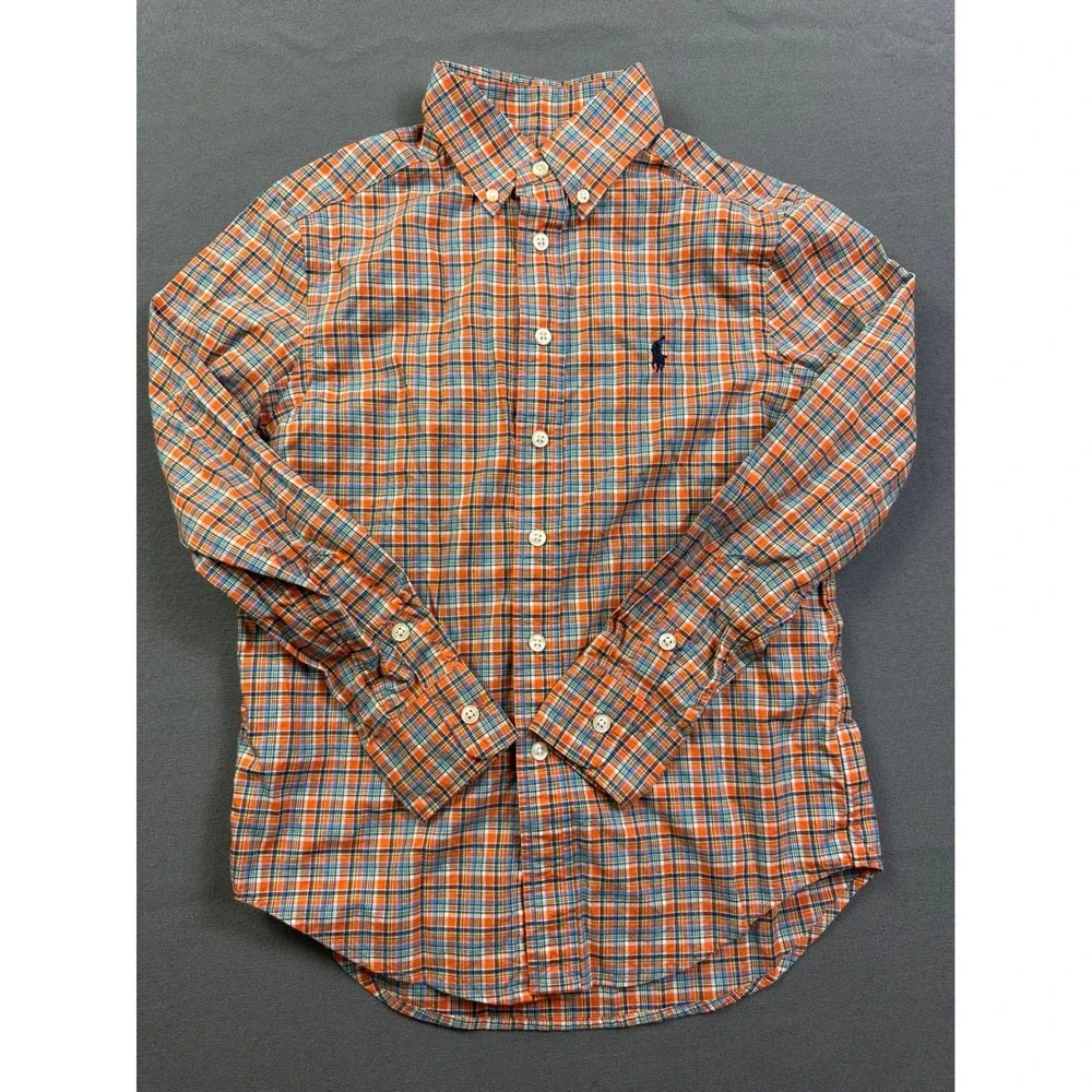 Ralph‎ Lauren Boys Orange Plaid Button Down Shirt Natural Stretch Size 8 S/P