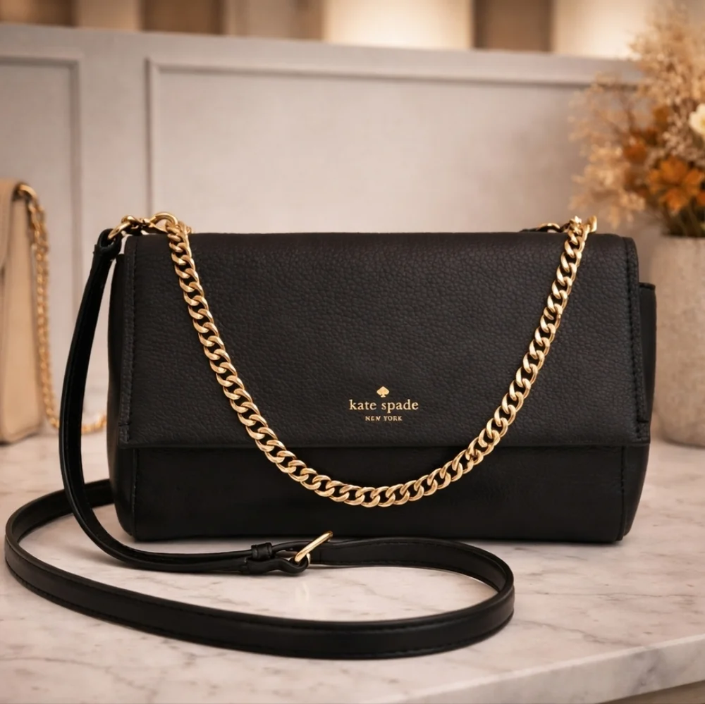 KATE SPADE BLACK CLUTCH CROSSBODY SHOULDER‎ BAG CARSON CONVERTIBLE GOLD CHAIN