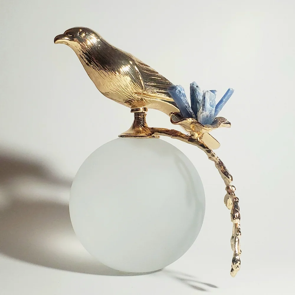 Modern Minimalist Art Glass Sculpture with Gold Tone Bird  & Quartz Gemstones