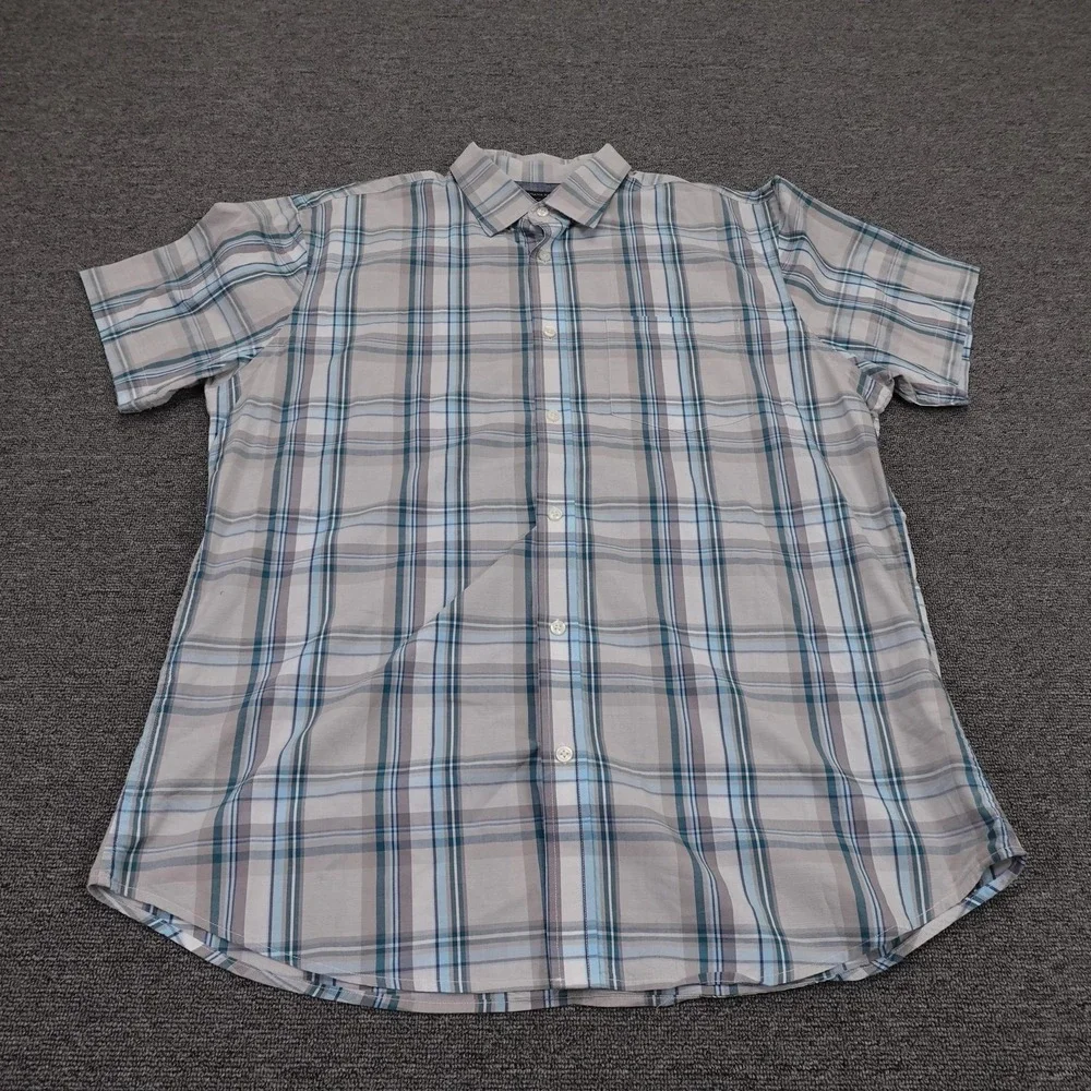 Banana Republic Shirt Mens XL Gray Plaid Short Sleeve Button Up Stretch Casual