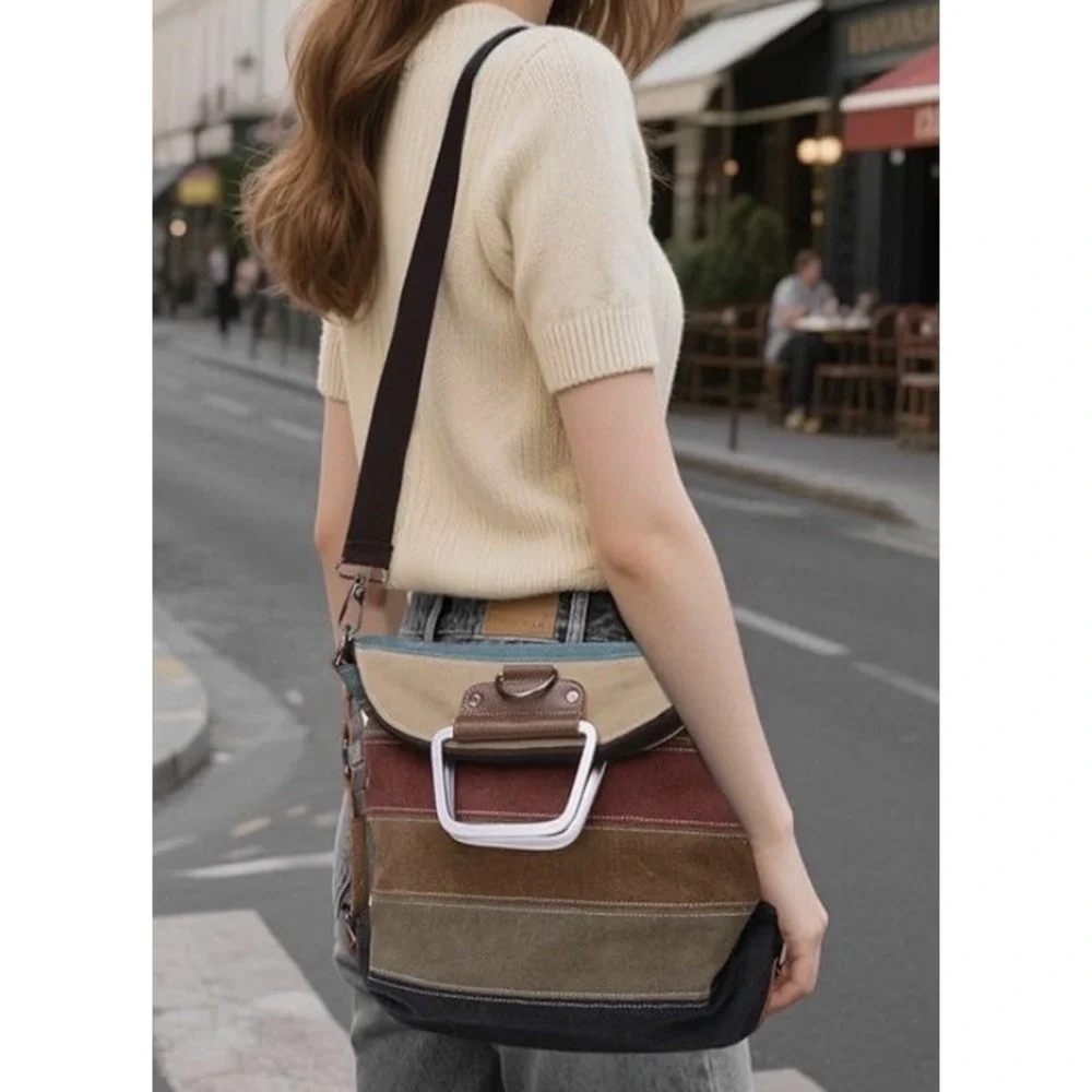 Manjianghong Boho Striped Multicolor Canvas Tote  Adjustable Strap Metal Handles