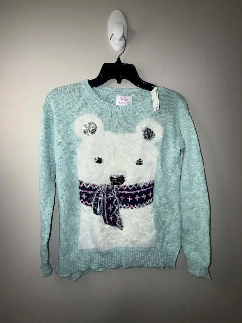 Justice Girls Light Blue Fuzzy Polar Bear Sequin Scarf Sweater Size 12