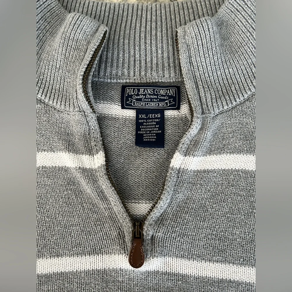 Vintage Polo Ralph Lauren Gray White Stripe 1/4 Zip Sweater Flag Logo Size XXL