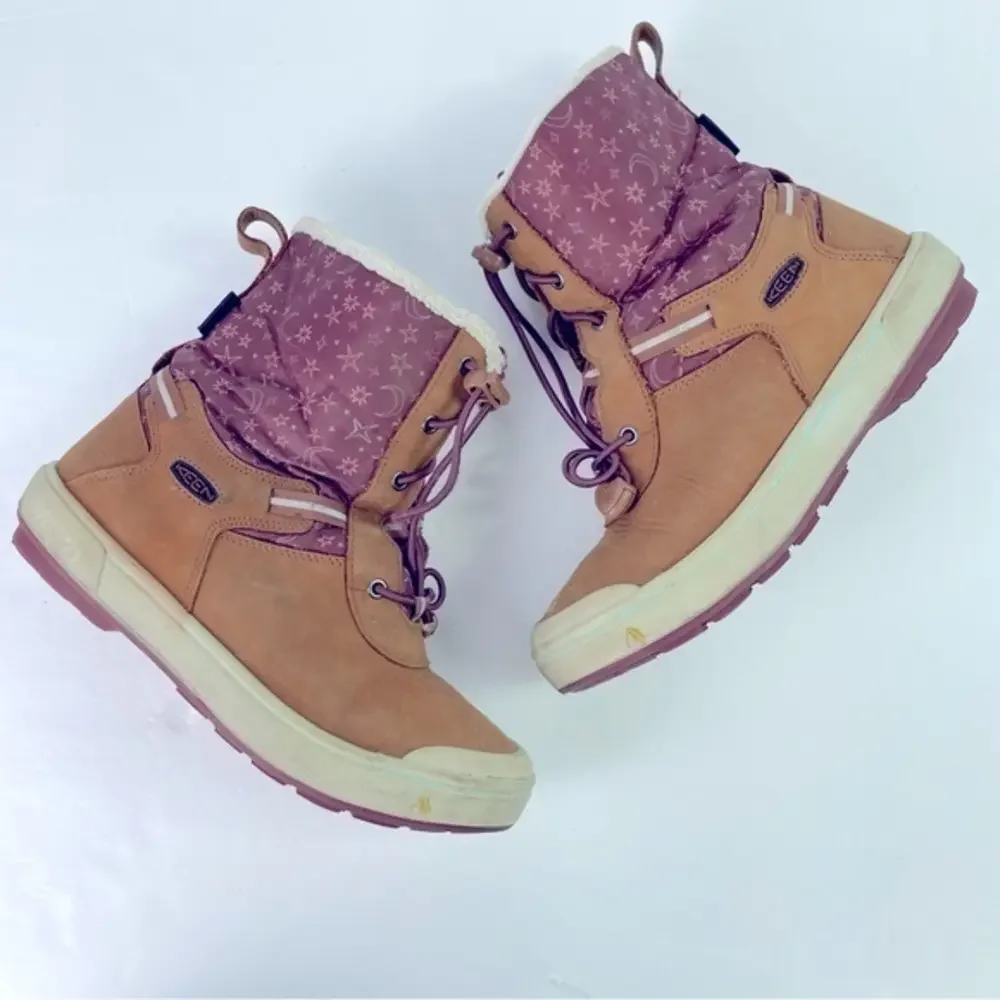 Keen Kids Tan Rust Red Kelsa Waterproof Insulated‎ Winter Fall Boots Moon Stars