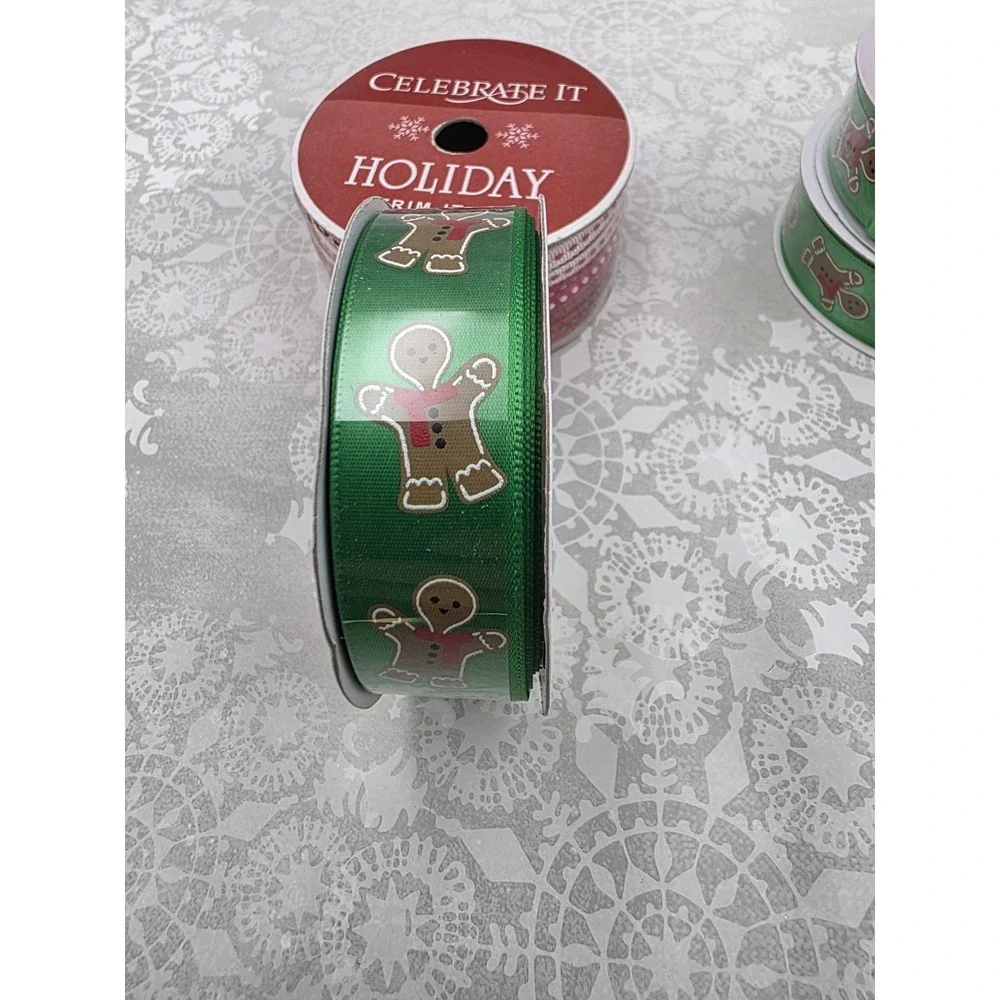 5 New Rolls Christmas Gingerbread Man Ribbon Red‎ Green Wreath Gift Crafting