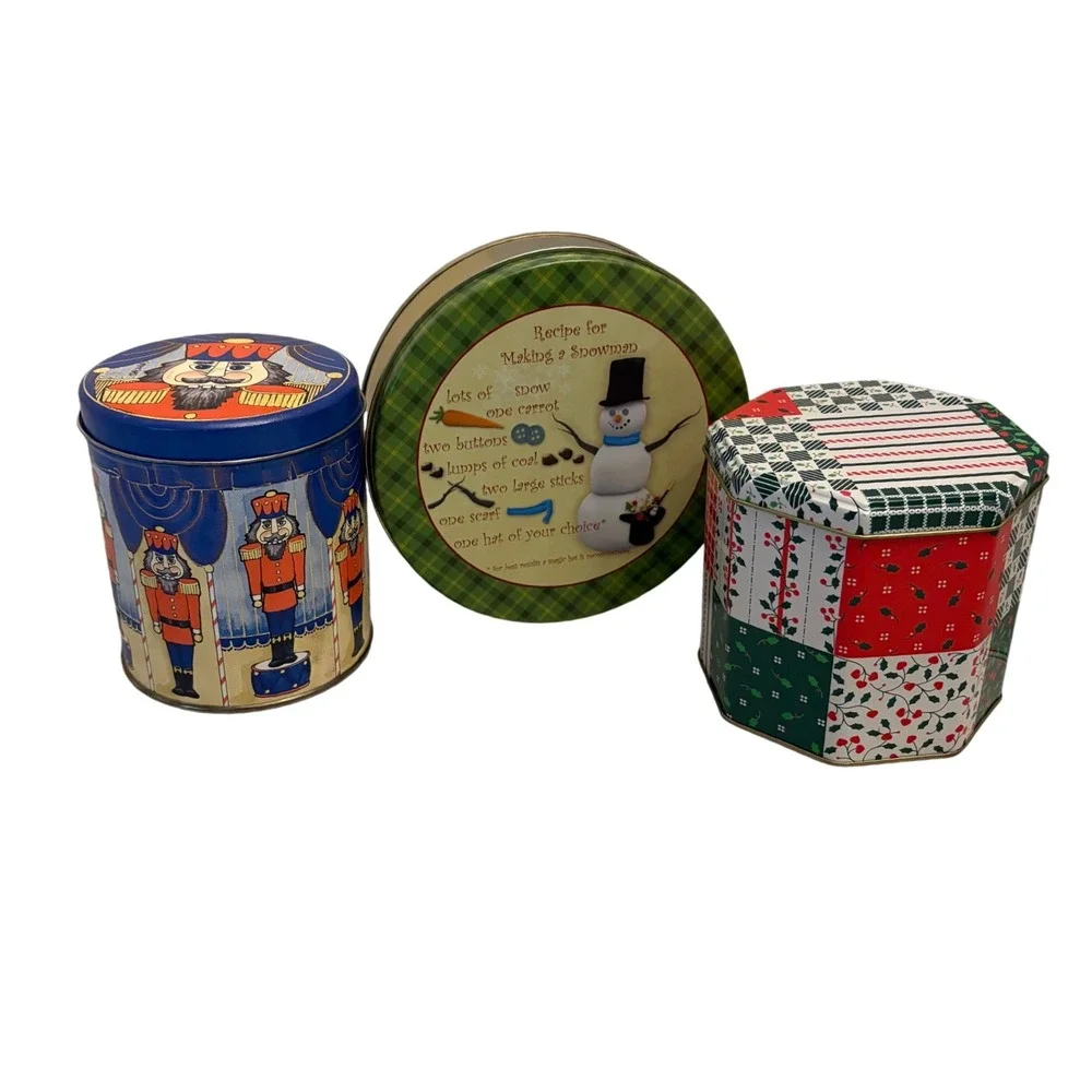 3‎ Vintage Christmas Tins Nutcracker Snowman Patchwork Holiday Decor Storage