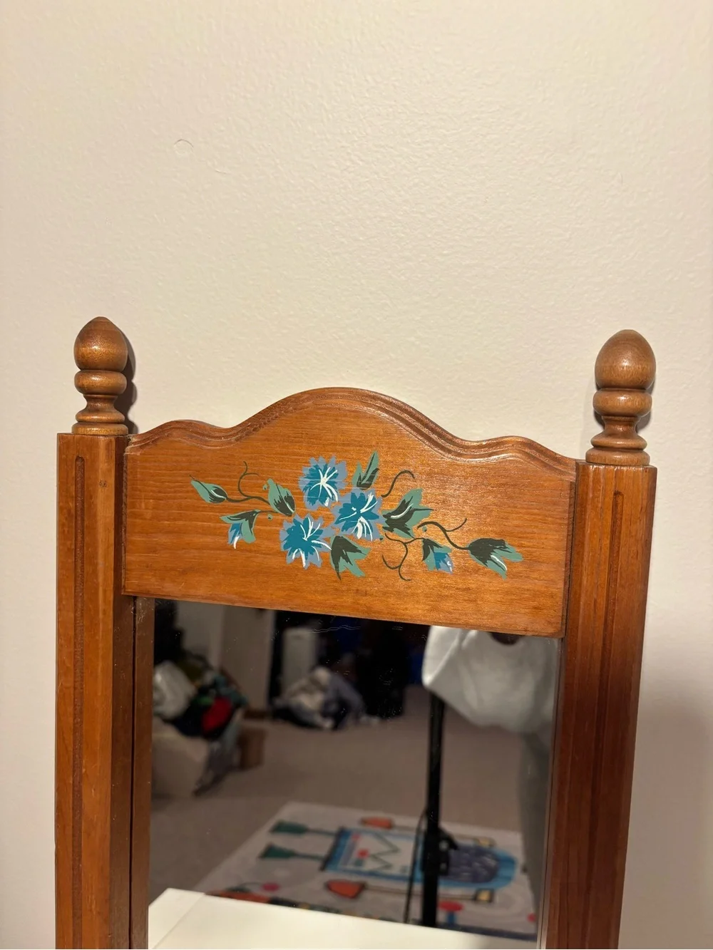 Vintage 1980s Wood Wall Mirror with Hand-Painted Floral Accent