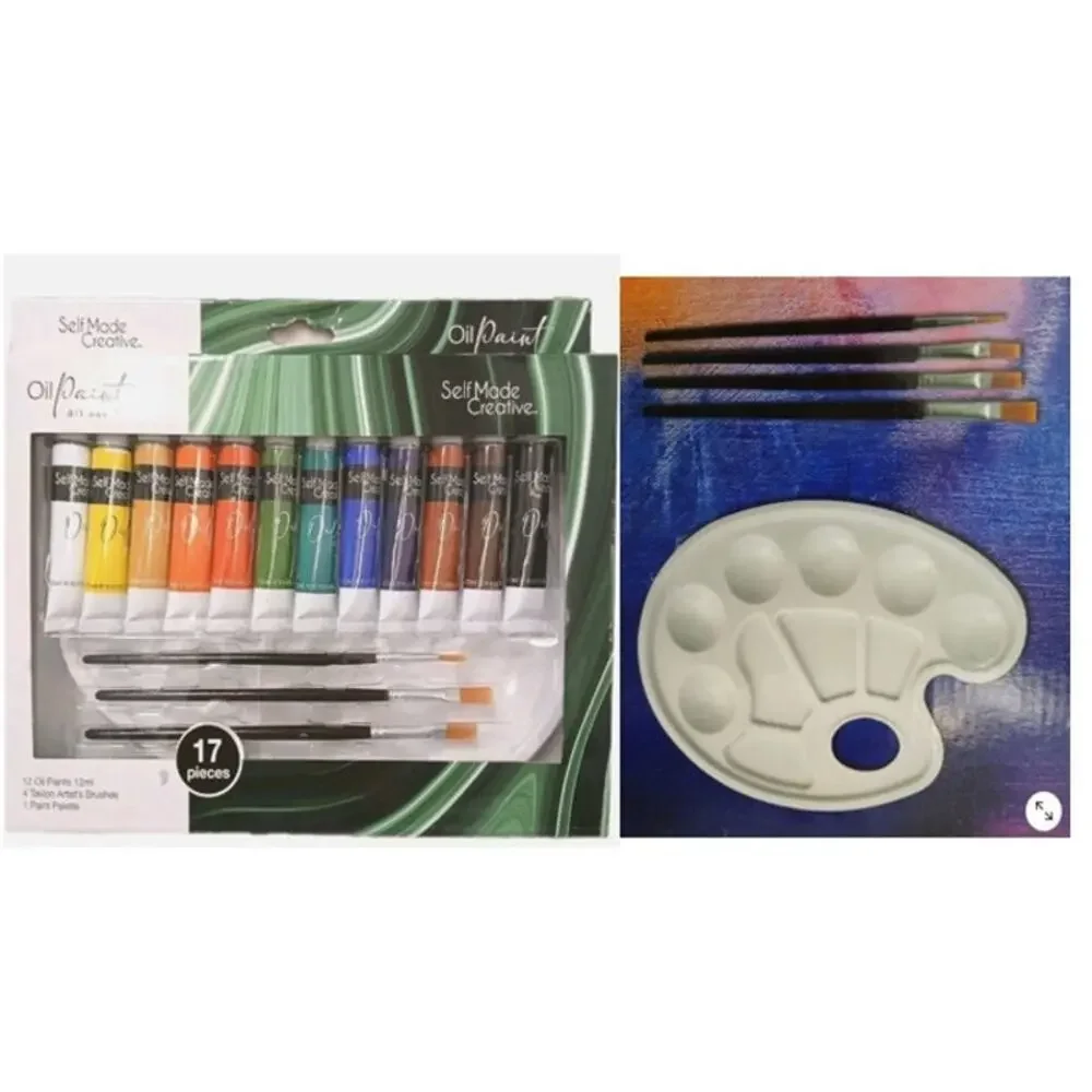 17 Pc Oil Paint Art Set w 4 Taklon Paint Brushes + Art Palette Value Professiona