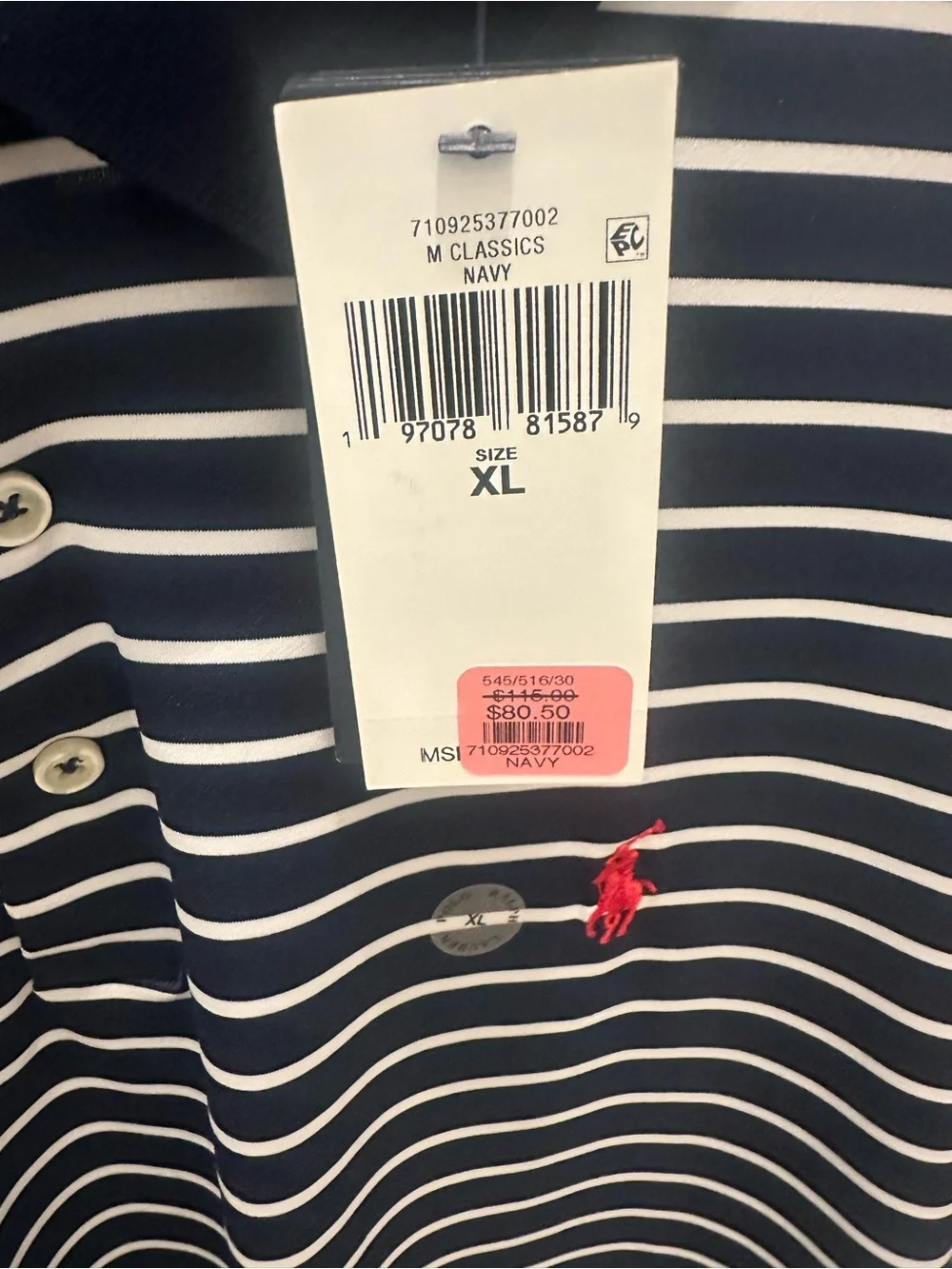 NWT Polo by Ralph Lauren Navy and White Striped Short-Sleeve Polo with Red Pony