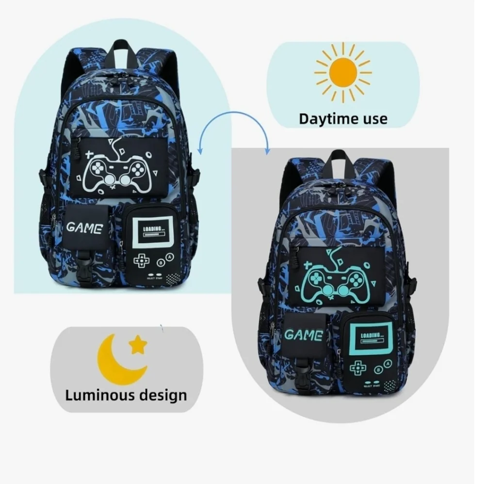Blue and Black Gaming Backpack Set with Controller Design Glow In The Dark NWOT