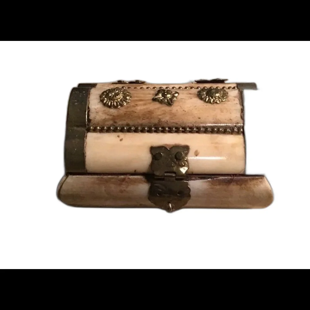 Vintage Camel Bone and Brass Trinket Box Treasure Chest Jewelry Keepsake India