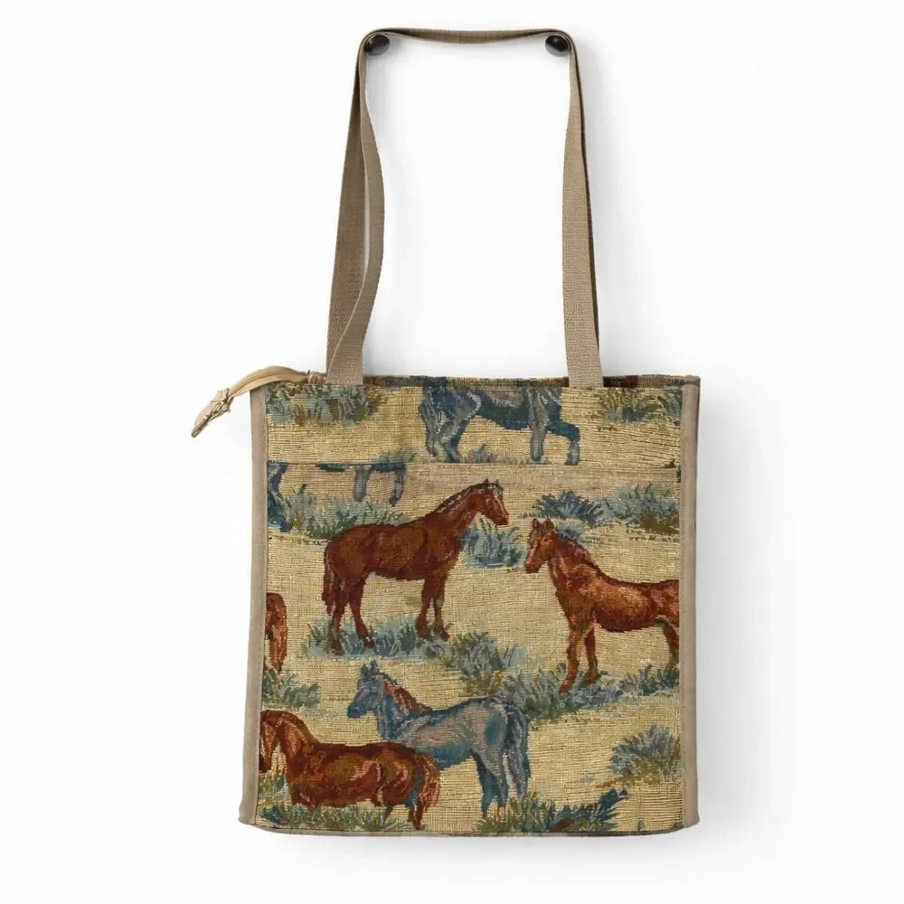 Horse Tapestry Tote Bag Double Handle Zipper Pockets Country Handbag Cottage